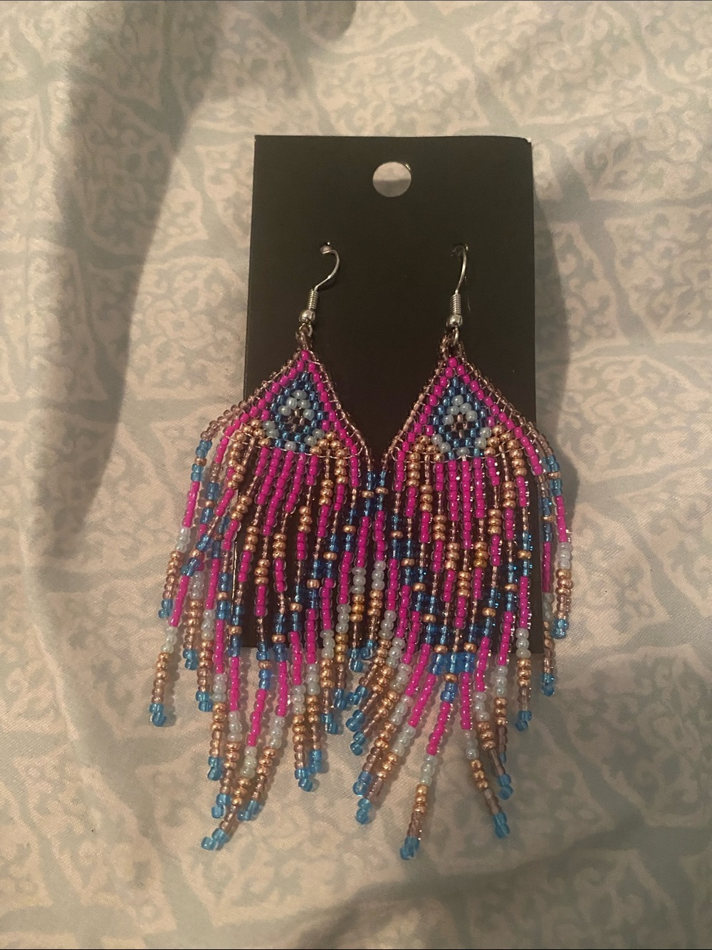 Beaded boho Pink, Blue & Gold Beaded Fringe Earrings